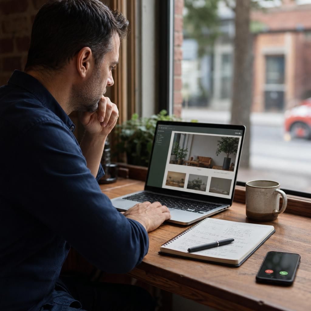 Small business owner reviewing a service website on laptop