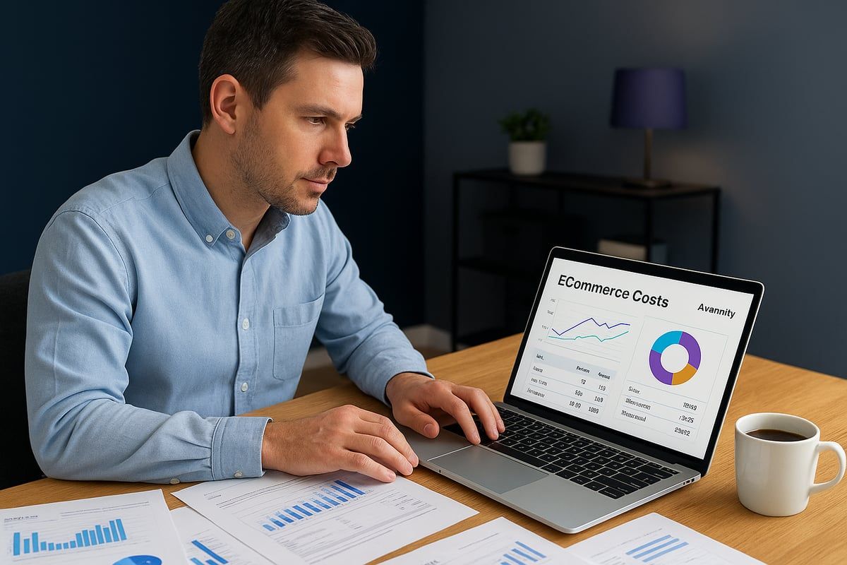 Man analyzes data on a laptop, surrounded by charts. Coffee mug on desk, blue wall in background.
