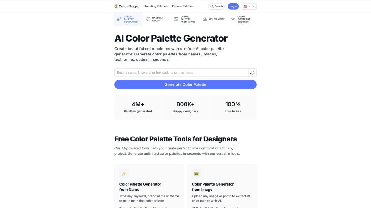 Screenshot of an AI color palette generator website, with input field, generate button, and free tools section.