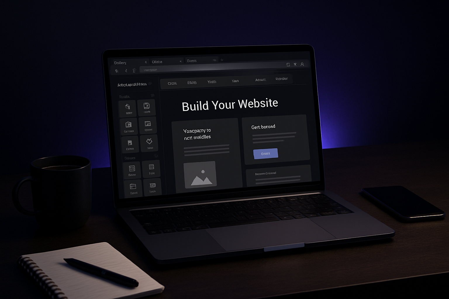 Laptop displaying website builder interface on a desk with a mug, notebook, pen, and phone. Dark aesthetic.