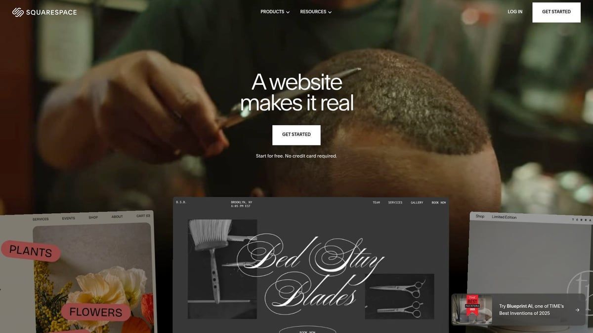 Barber giving a haircut; website on screen. Text overlay: