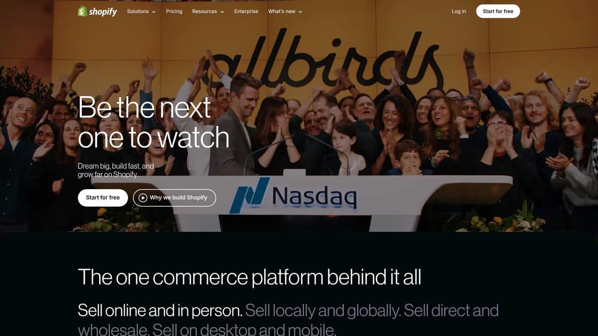 Shopify website homepage with crowd in front of Nasdaq sign,