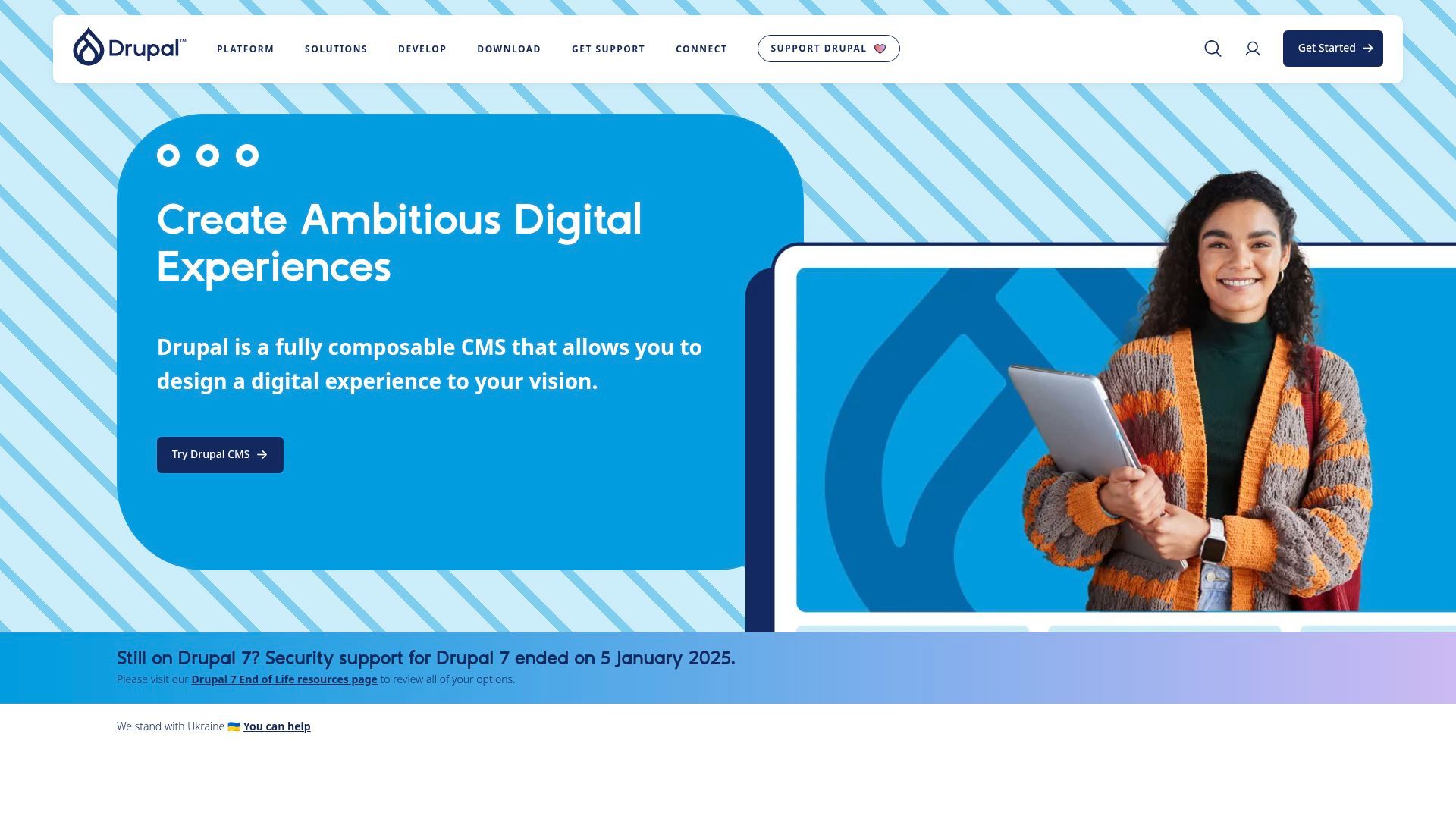 Woman holding tablet, smiling, in front of a blue digital experience graphic.