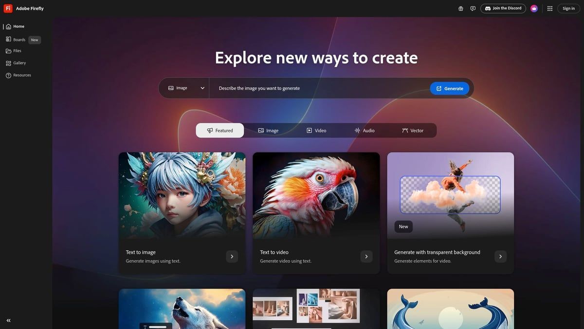 Homepage of Microsoft Create showing search bar, options, and example images of AI-generated art.