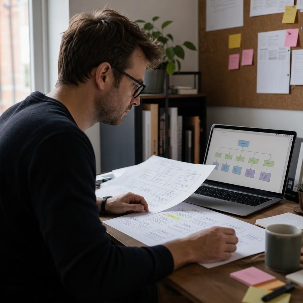 Web designer reviewing a website sitemap on a desk
