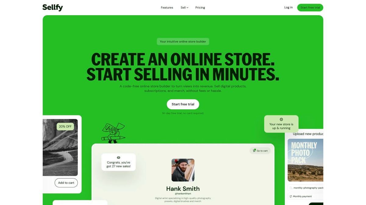 Shopify website homepage: green background with text