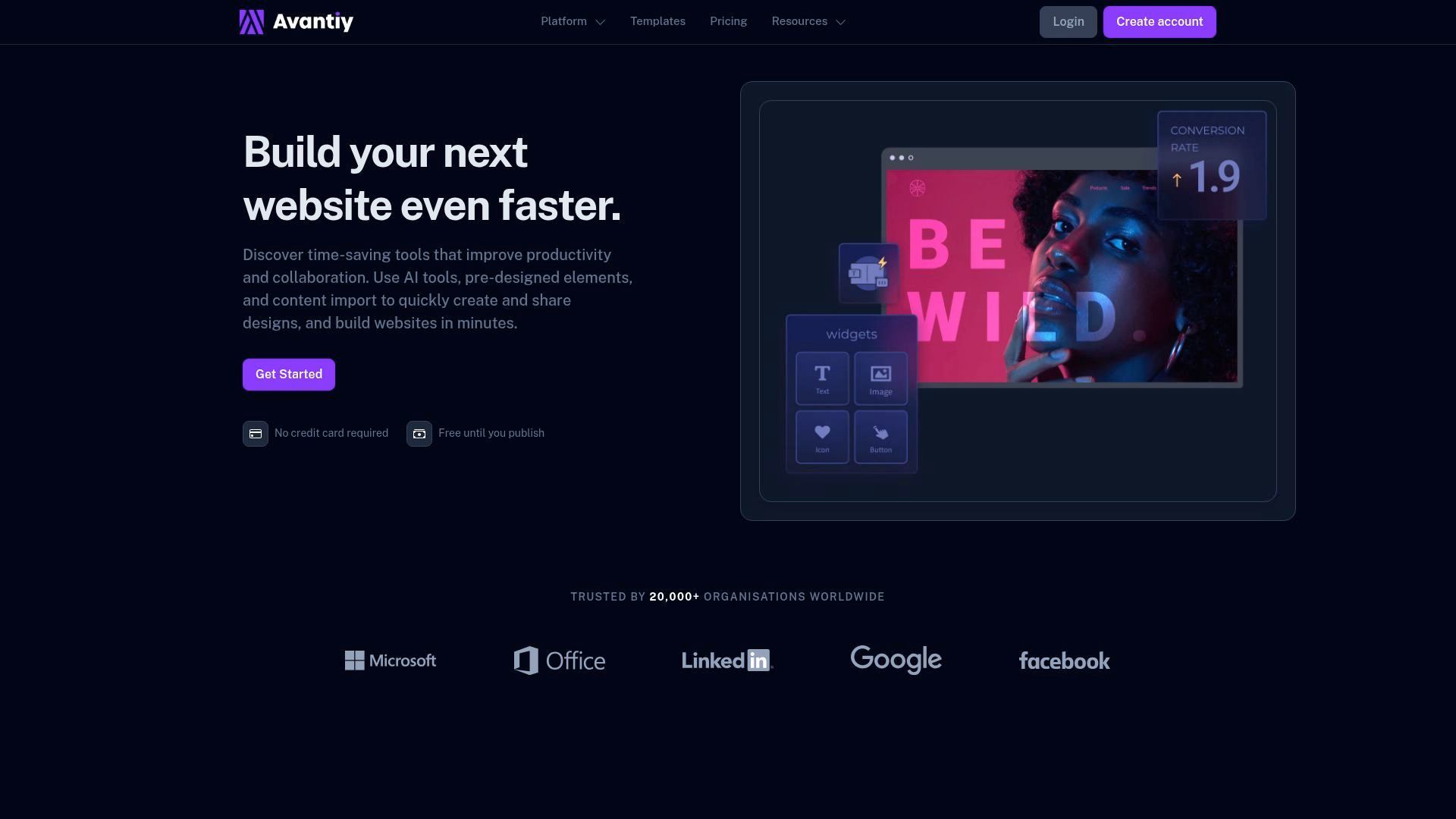Website homepage with a display of a website and text: