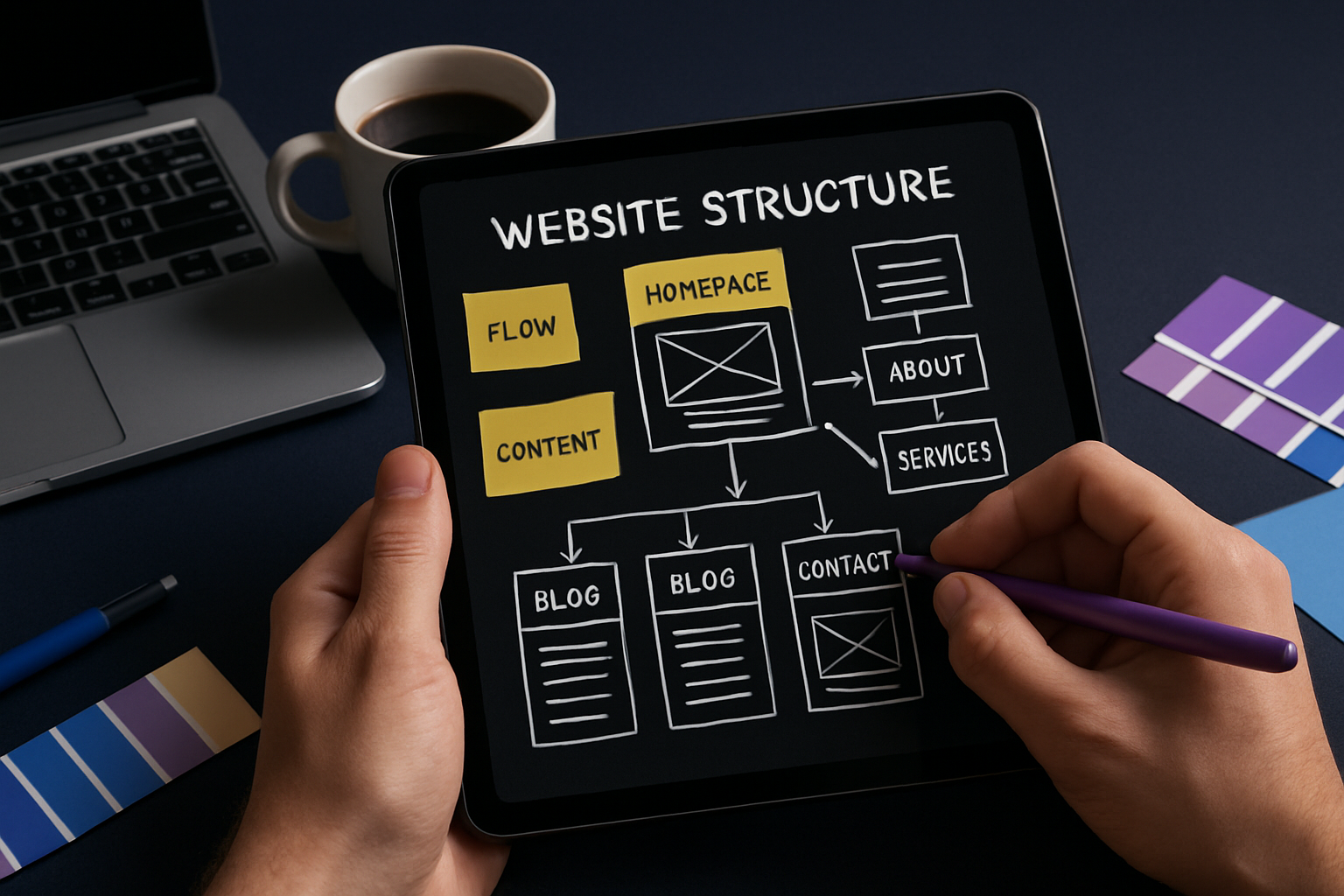 Hands sketching a website structure diagram on a tablet; includes flow, content, homepage, blog, contact, and service pages.