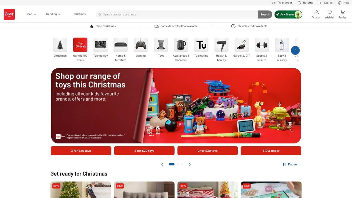 Website homepage with Christmas toy promotion. Red background with a collection of toys.