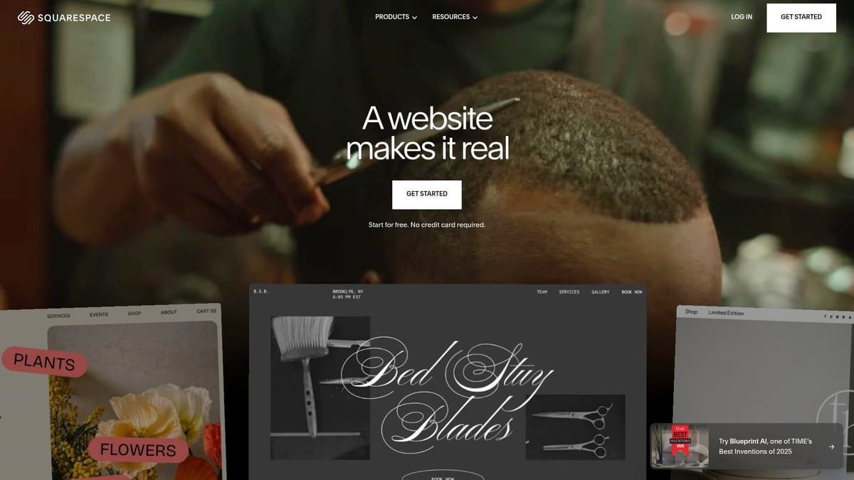 Man getting a haircut, scissors in motion. Website mockups below.