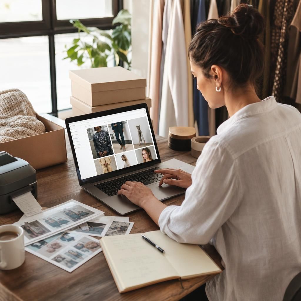 Small business owner building a website on a laptop