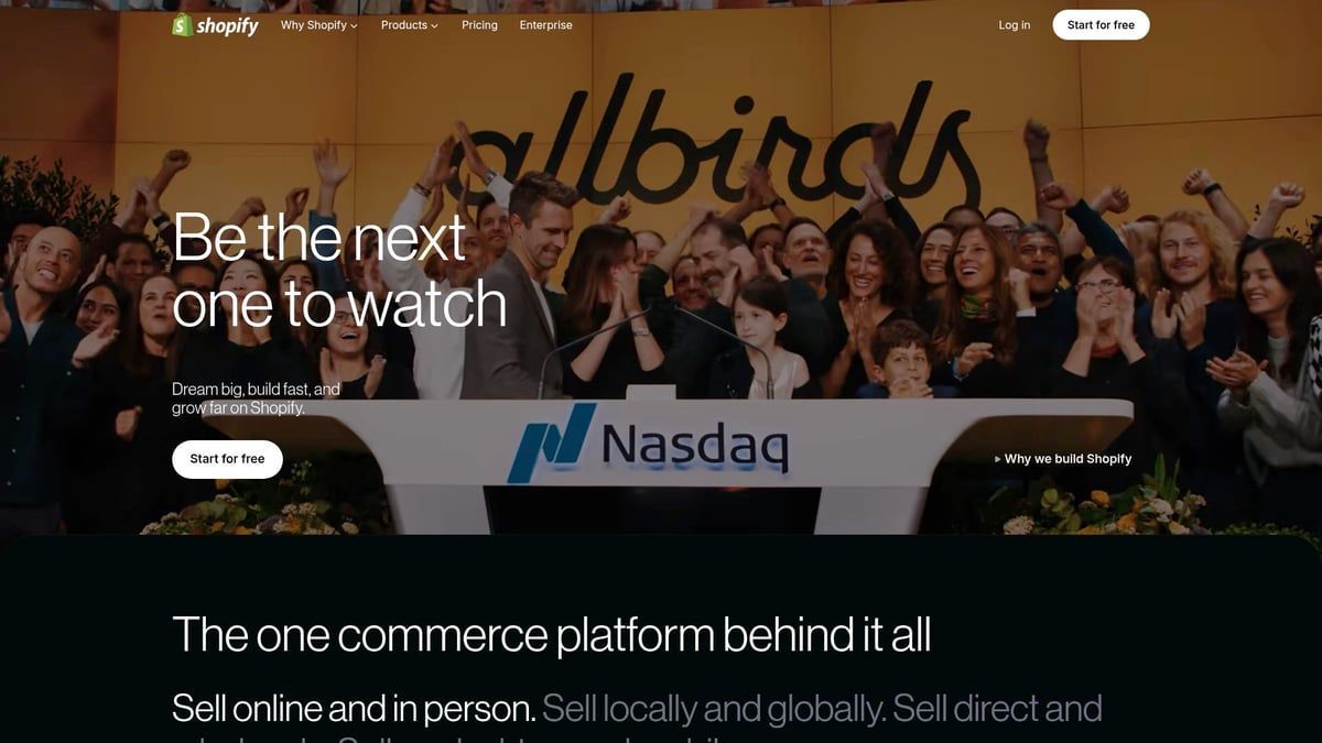 Shopify website featuring the Allbirds logo, people, and the Nasdaq sign, promoting e-commerce.