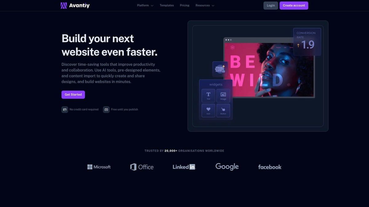 Website homepage showcasing website building tool with an interface on a screen.