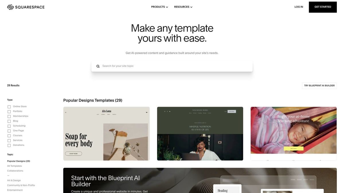 Website with template options and a search bar.