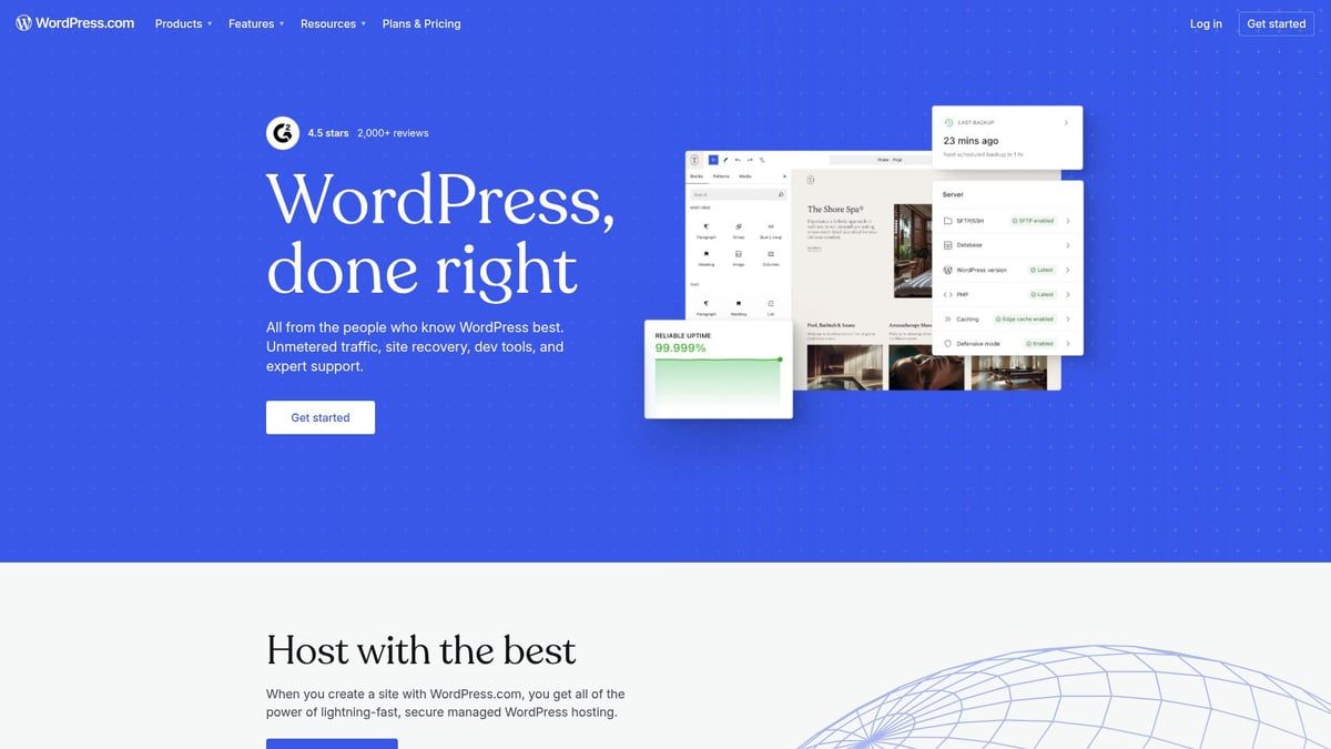 Bluehost website homepage: WordPress hosting with white text on a blue background, illustrations.