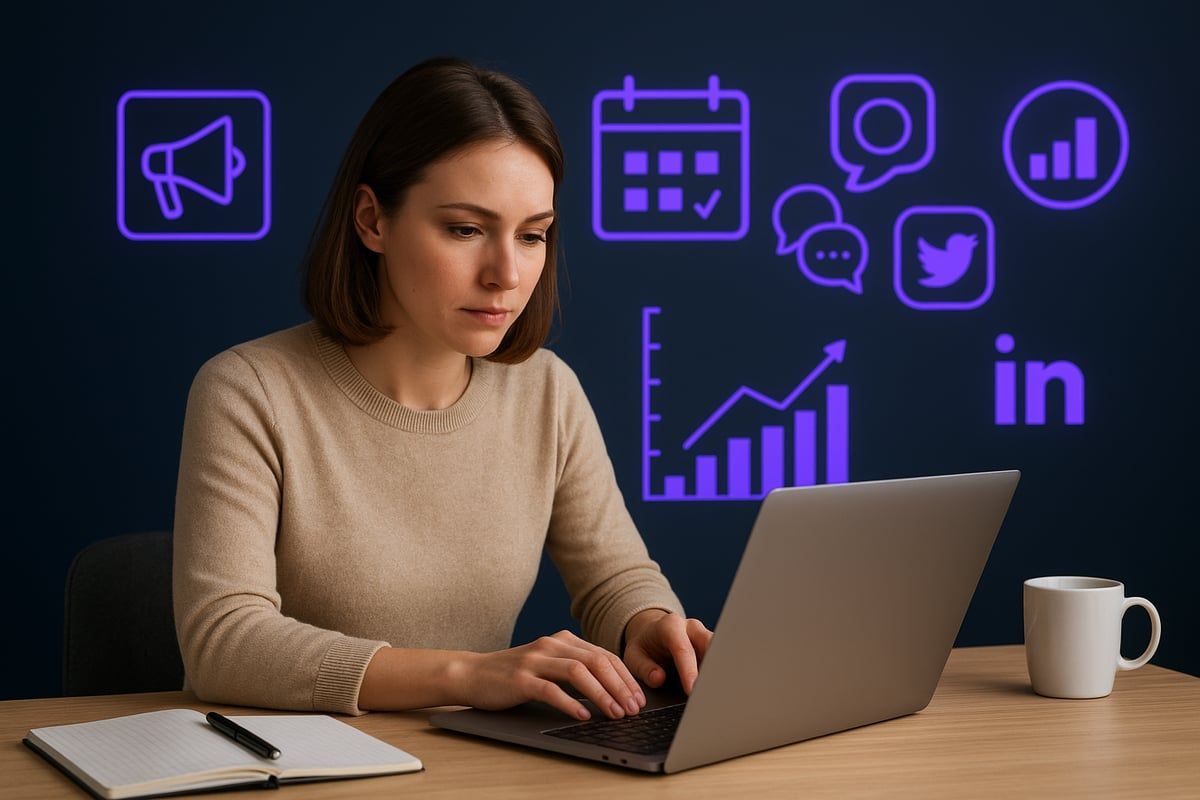 Woman working on laptop with social media icons in background.