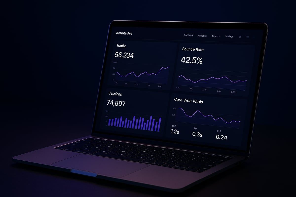Laptop displaying a dark-themed dashboard with data visualizations in purple and white.