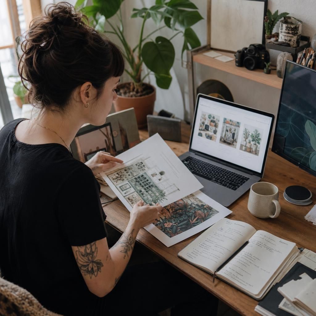 freelance creator reviewing website portfolio layout