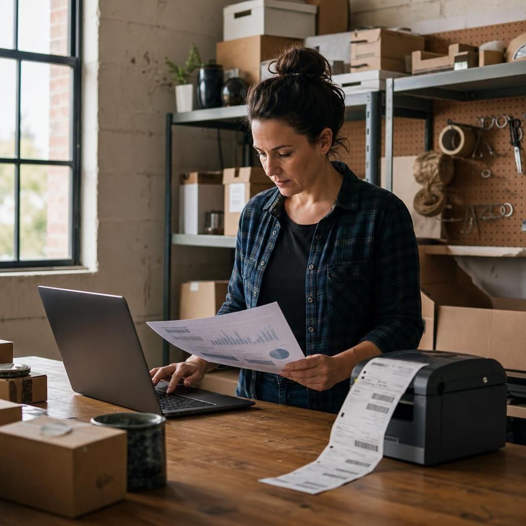 Small business owner reviewing orders and shipping labels