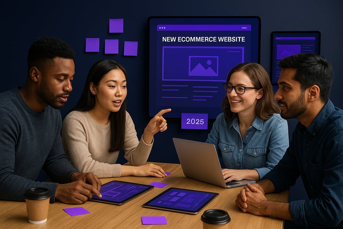 Four colleagues collaborate around a table with a laptop, tablets, and a display showing a website design.
