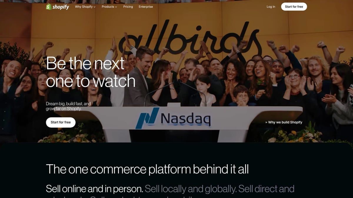 Shopify homepage featuring Allbirds on the NASDAQ, with the text