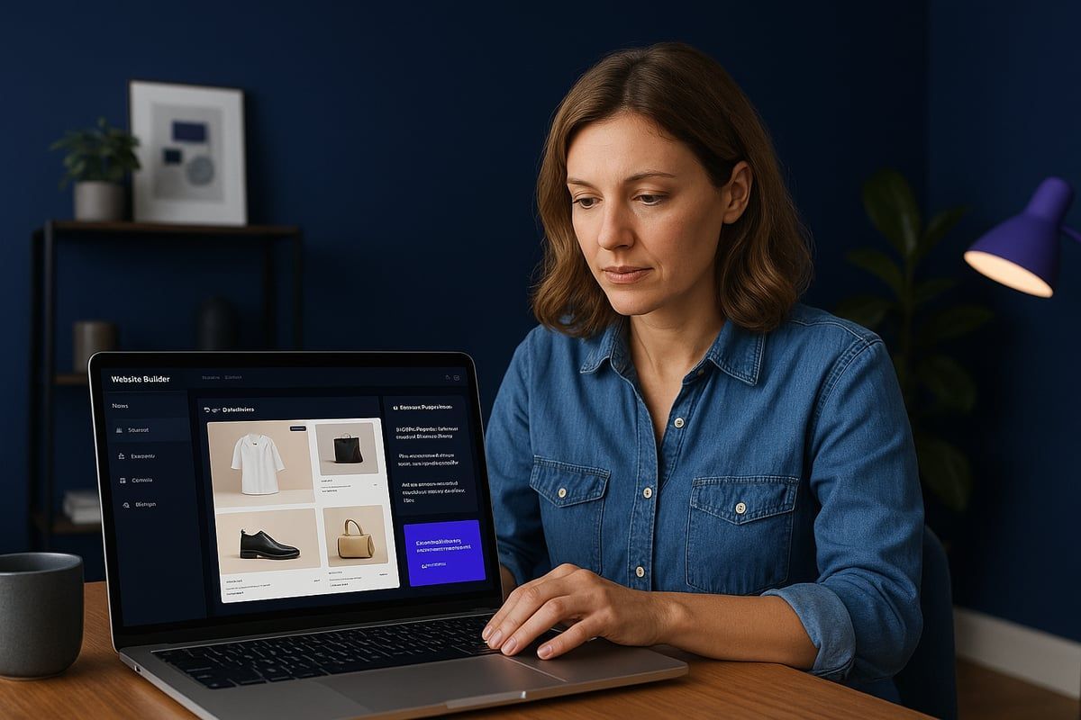 Woman using a laptop, browsing an online store on a wooden desk. Blue walls in the background.