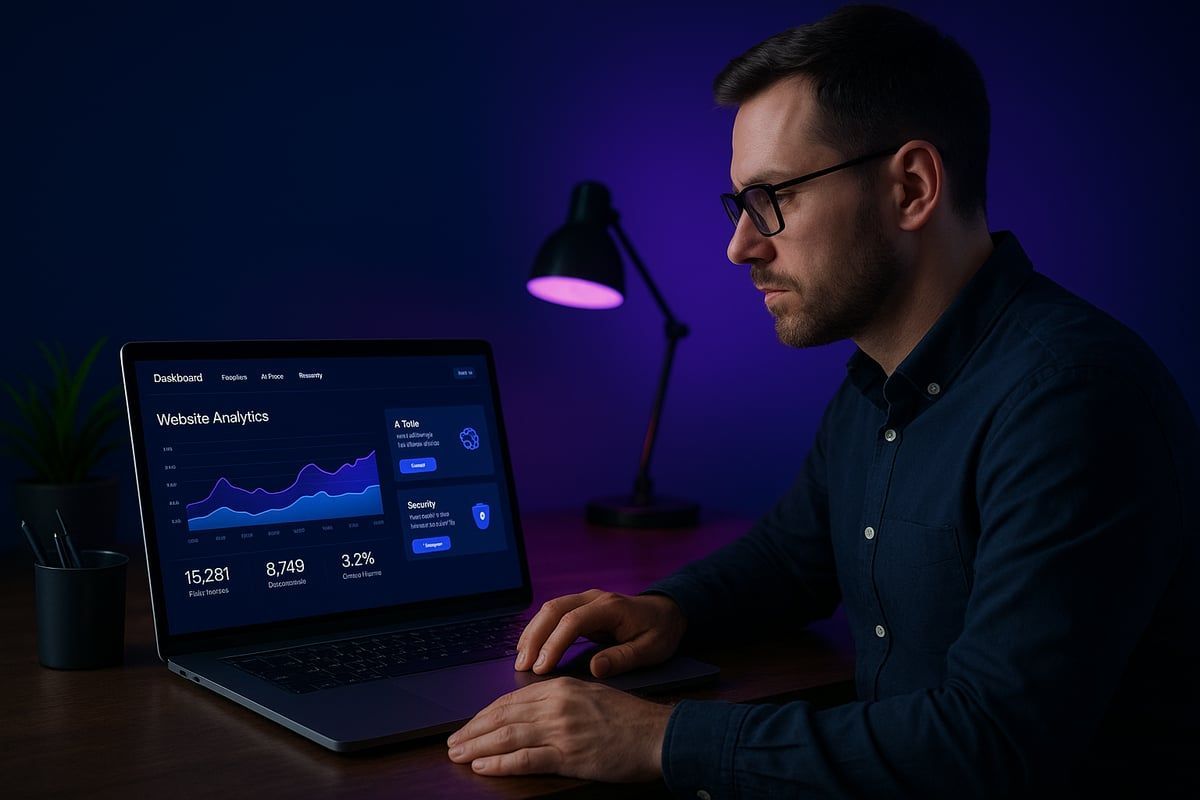 Man in glasses using laptop, analyzing data charts in a dim room with a desk lamp.