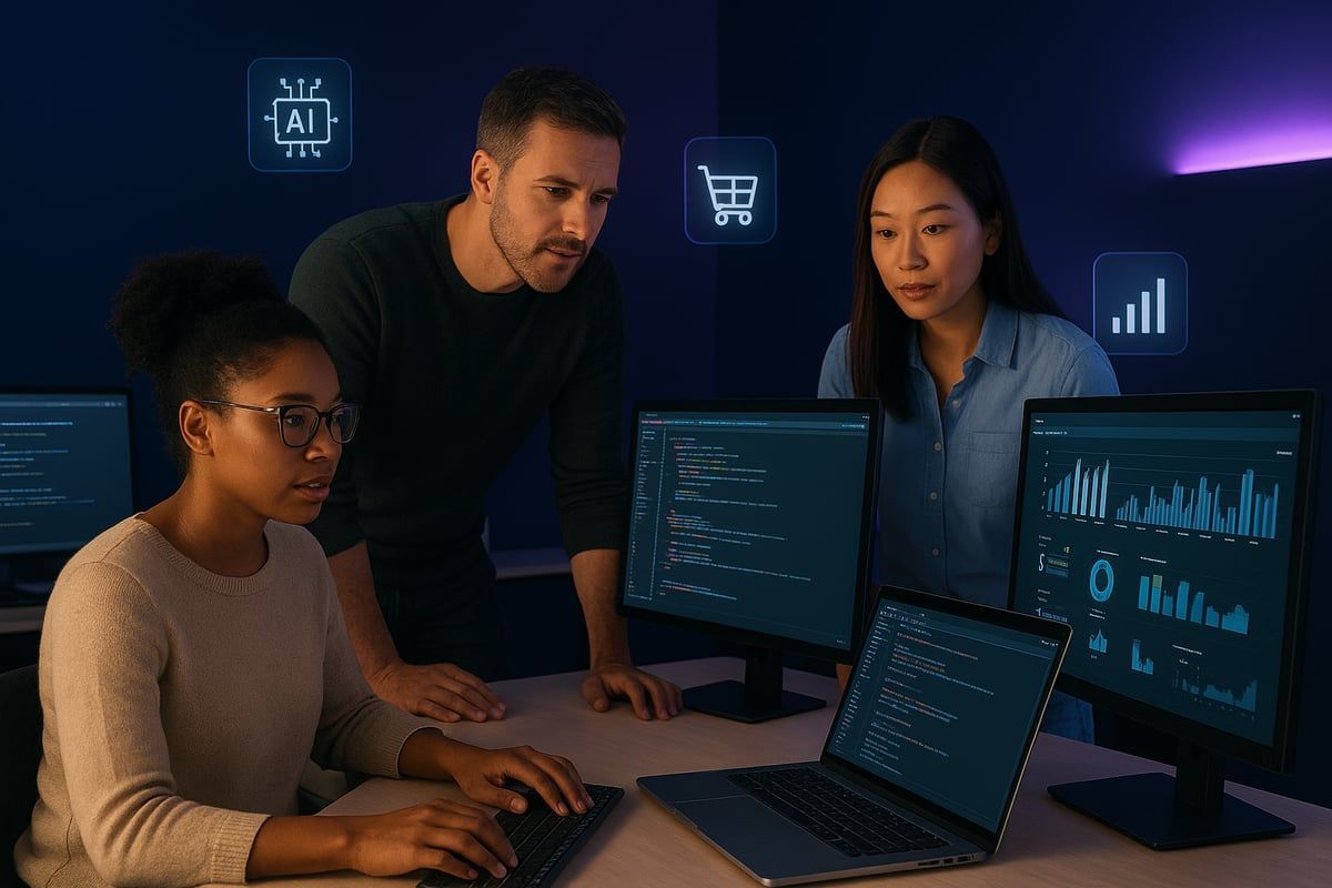 Team of developers collaborating on computers, illuminated by screen light, with digital icons in the background.