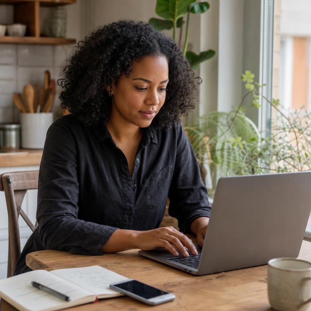 Small business owner planning a website at laptop