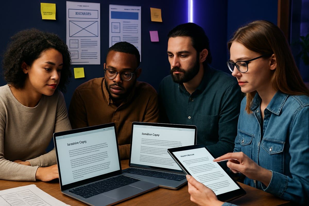 Four people gathered around laptops and a tablet, discussing documents in a modern office.