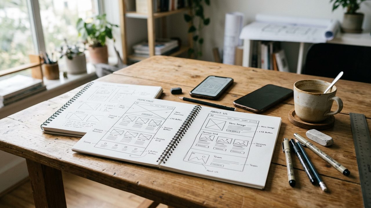 Website wireframes and notebooks on a studio worktable