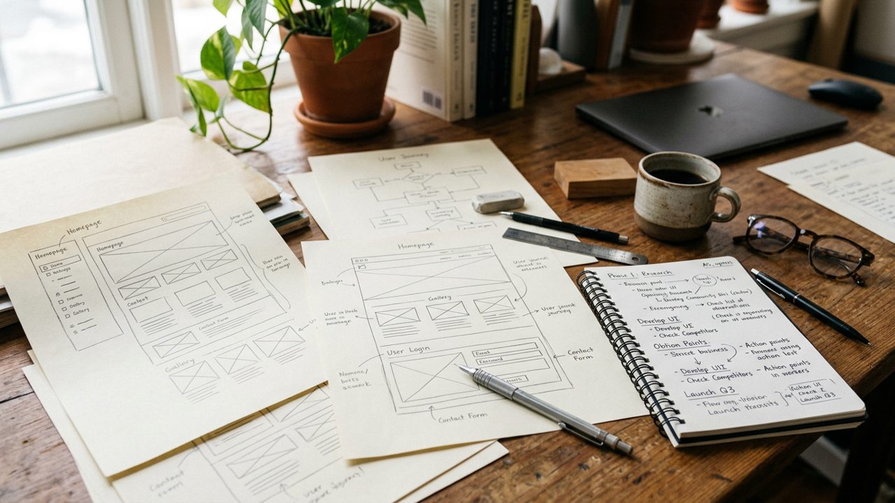 Paper wireframes and business notes on a desk