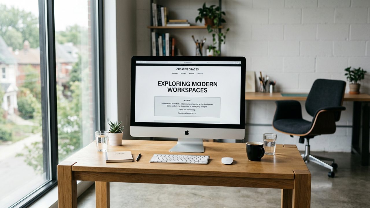 Empty studio office with website preview and subdomain notice