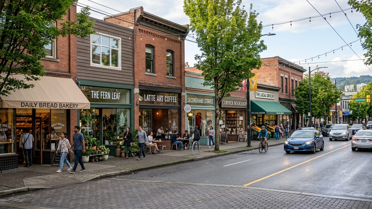 Wide street view of different small business storefronts