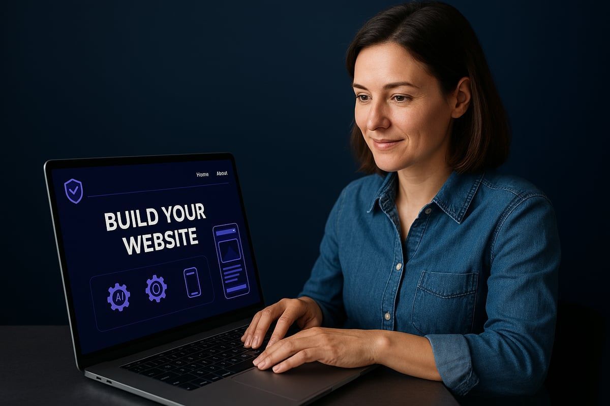 Woman in denim shirt building a website on laptop with