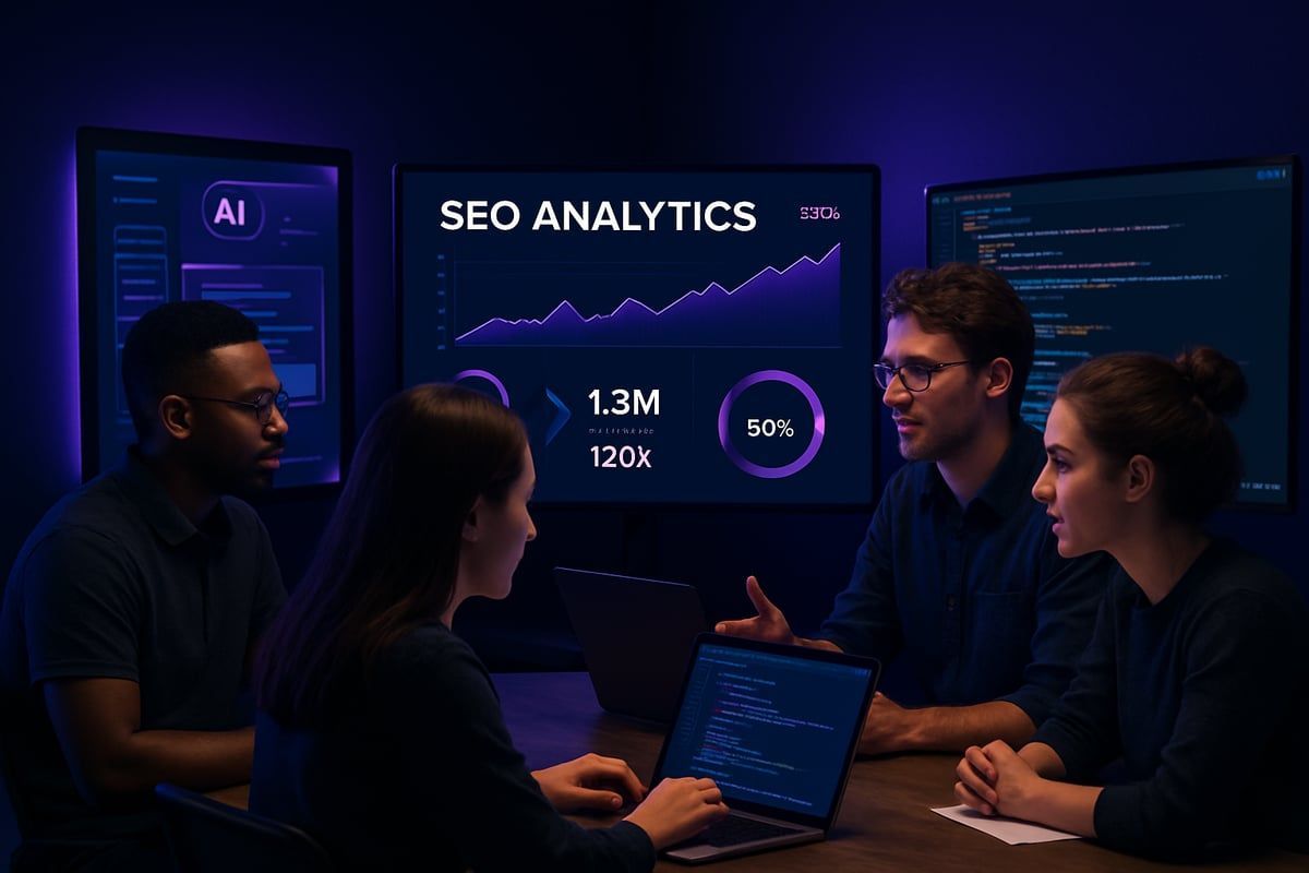 Four people in a dimly lit room, analyzing SEO analytics displayed on multiple screens.