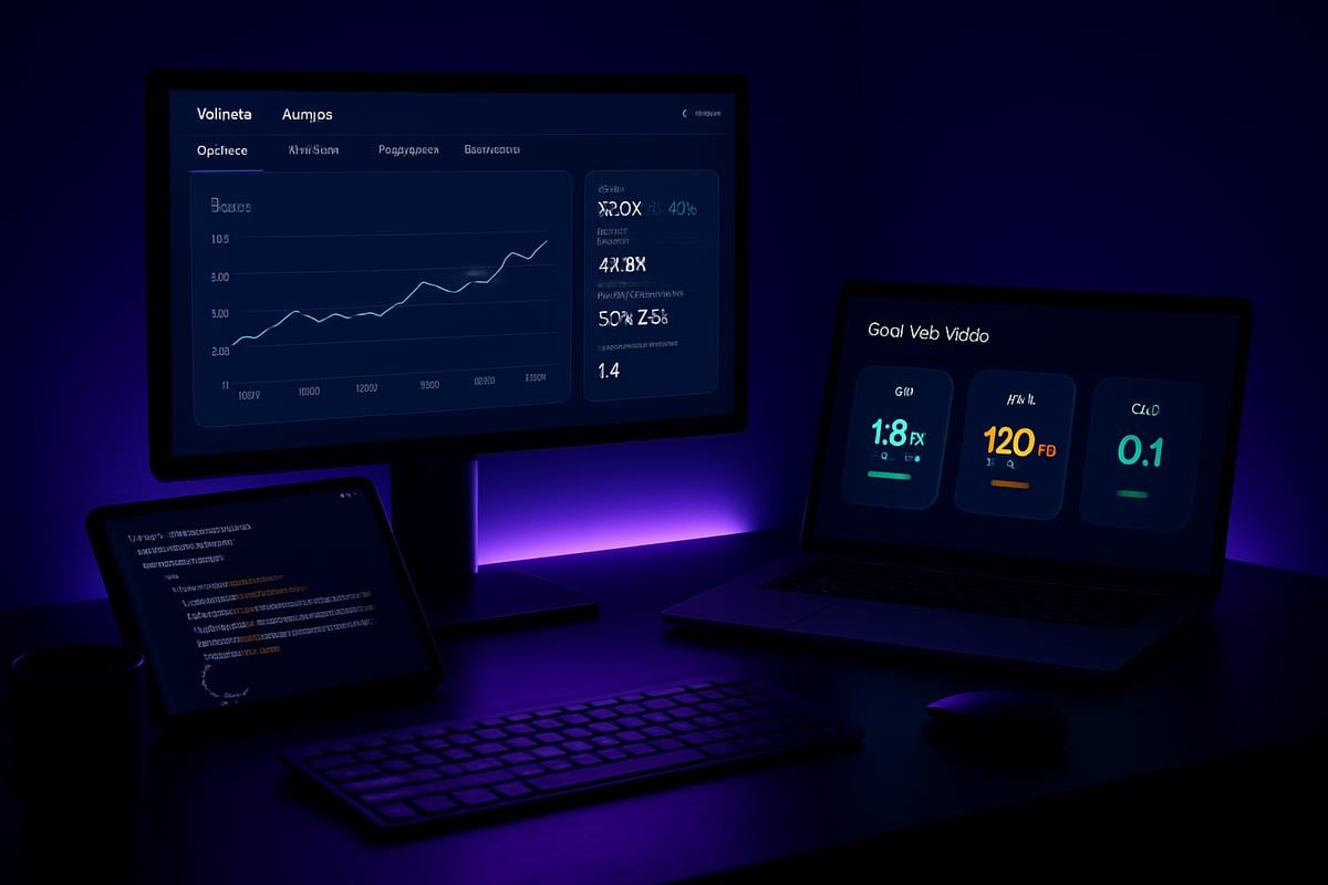 Dark desk setup with computer monitor, laptop, and tablet displaying data charts in blue and green.