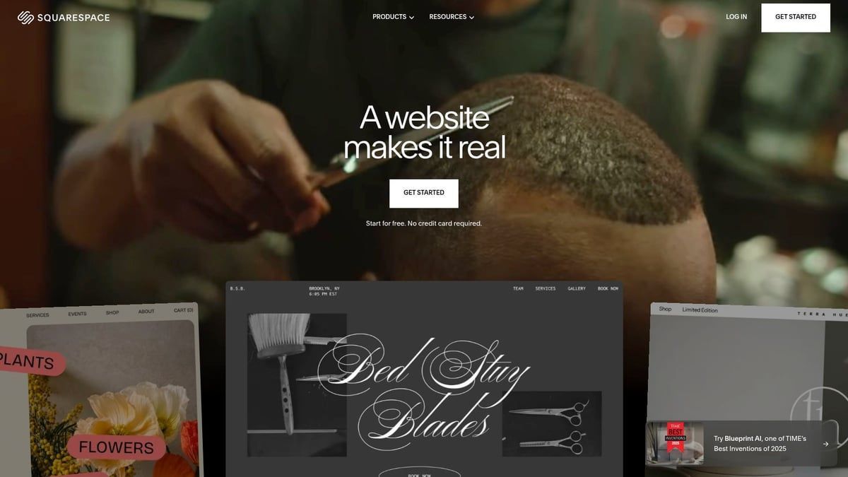 Barber cutting hair with website layout and images visible.