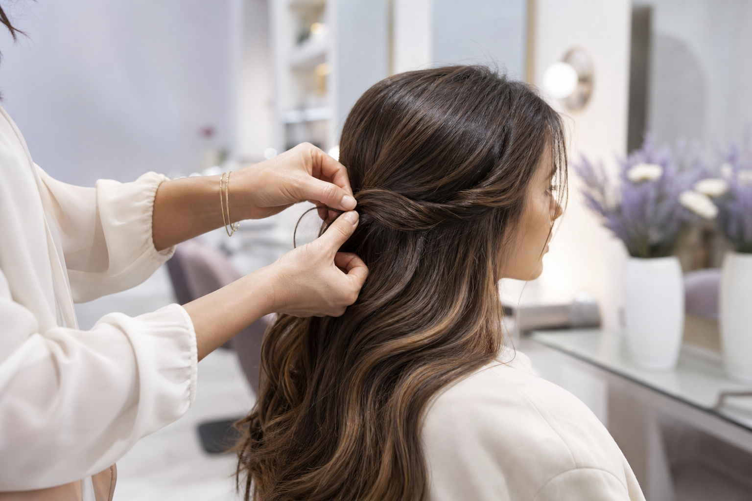 Hair styling detail in a boutique salon