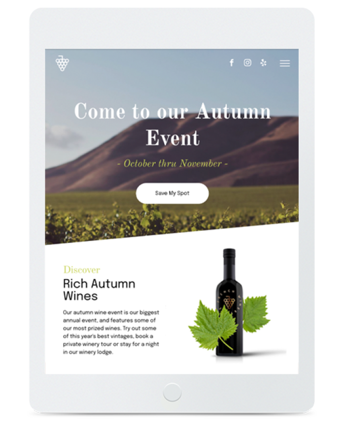 Winery Landing page — tablet view